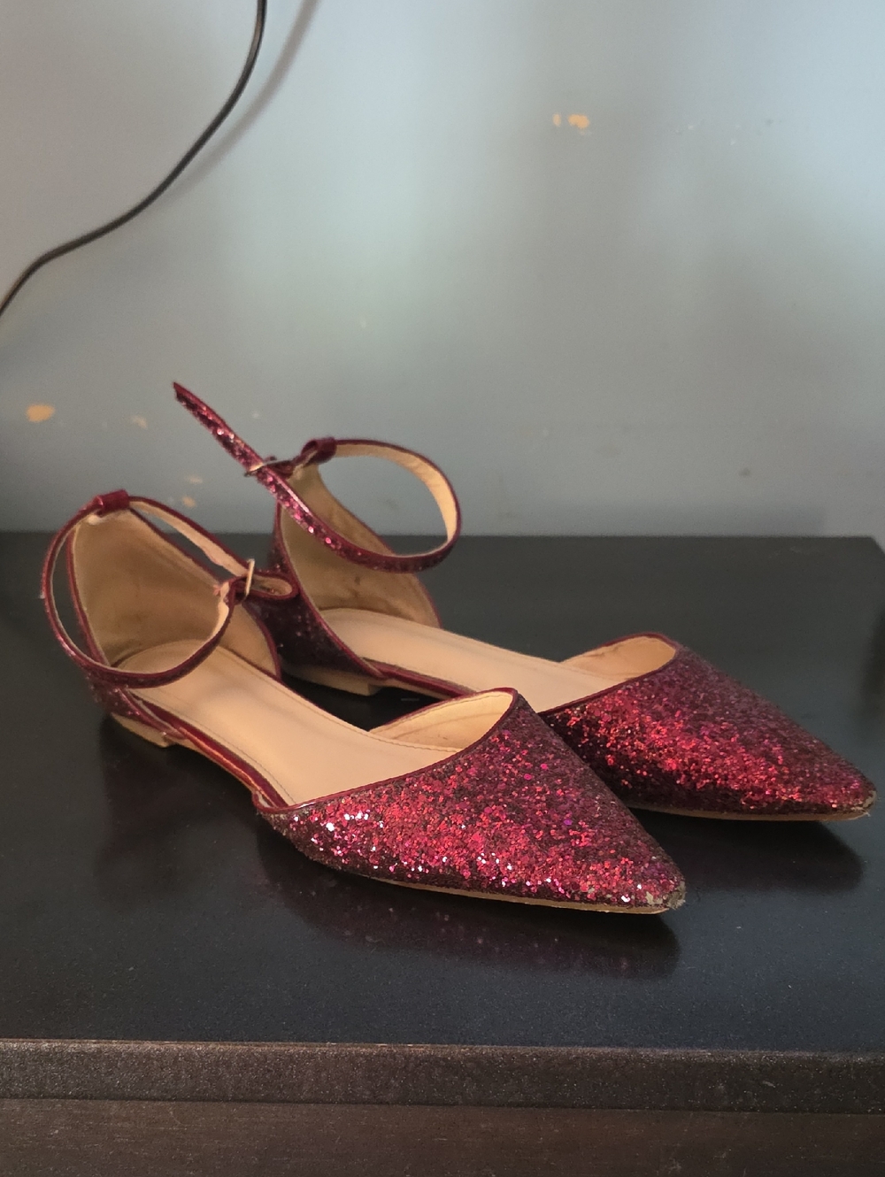 Women's Glitter Pointed Toe Ankle Strap Flats - Red